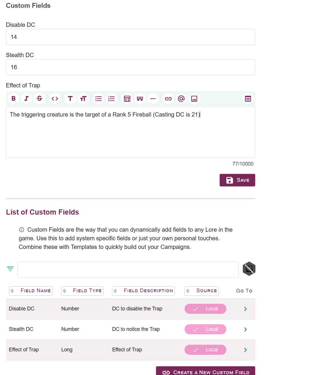 Custom Fields on a lore entry showing both number and long text custom field types. In this example Disable DC, Stealth DC, and Effect of Trap fields are being added to trap lore.