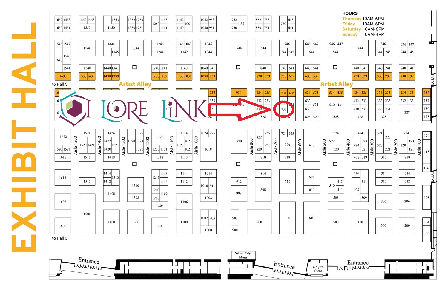 A map that shows booth 730 in the origins 2023 exhibit circled, with an arrow pointing to it saying "Lore Link"