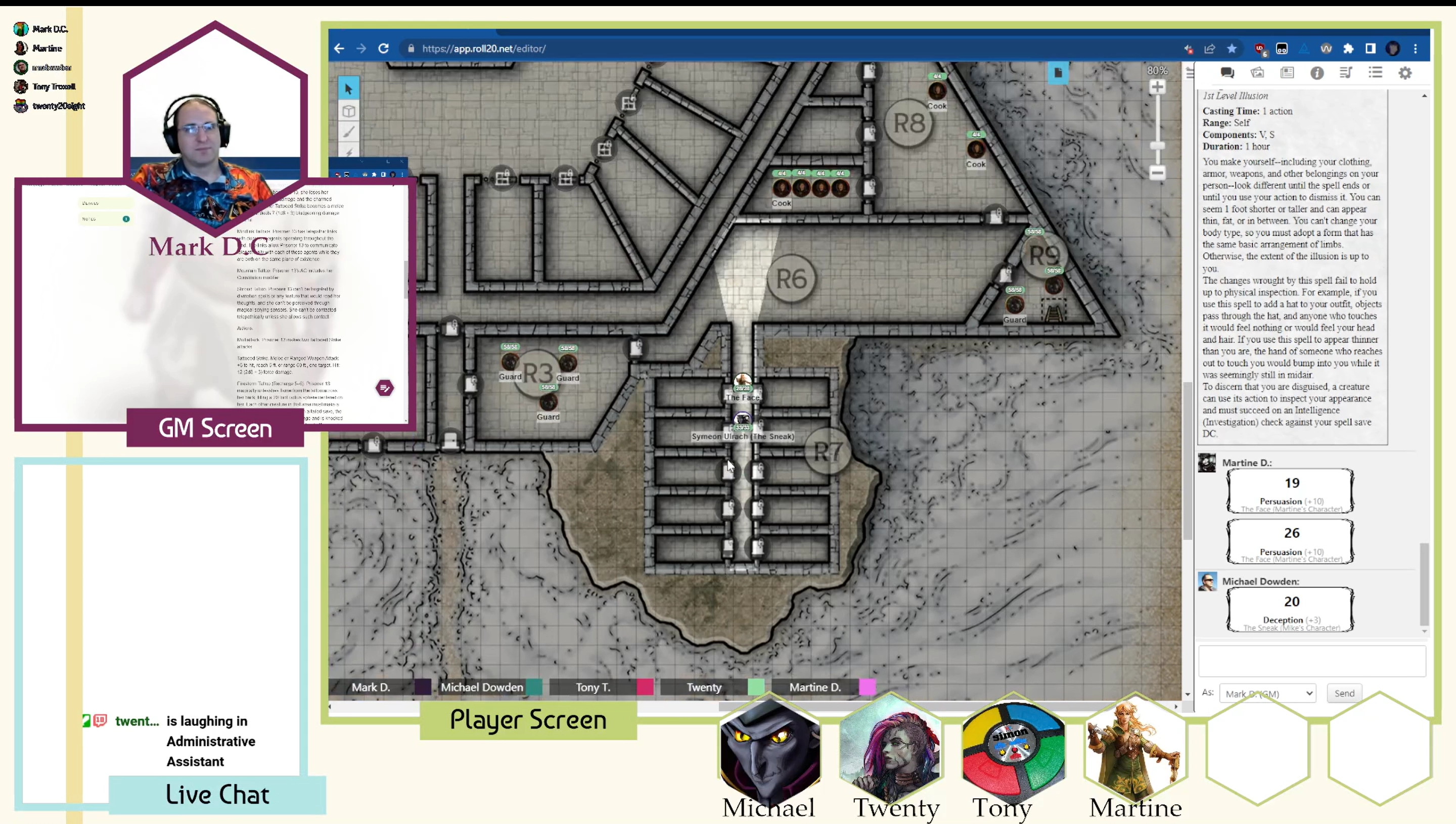 Mark GMs a game in the Roll 20 Virtual Table Top system. Four players are in the game (Michael, Martine, Twenty, and Tony). They are shown exploring a prison map. The Lore Link window shows Mark looking at the information about Prisoner 13.