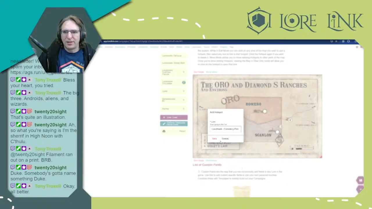 A screen cap of a Lore Link instructional stream. Mark is in the upper left, with the chat box below him. The main part of the screen is showing how to create a hotspot on a map in Lore Link.
