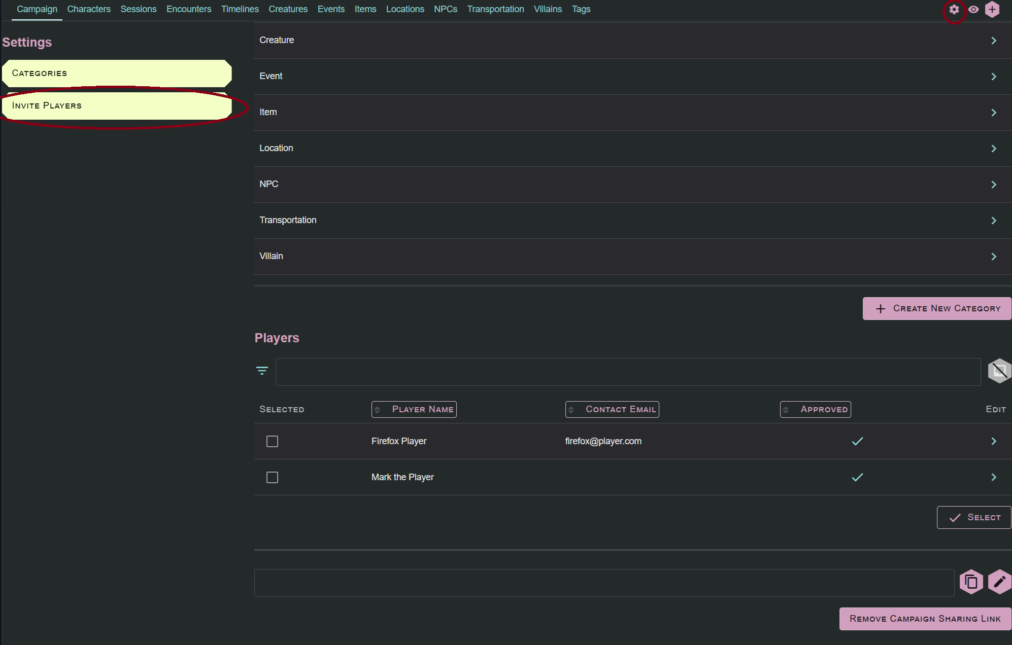 A screenshot of the Lore Link Application is shown. The user is in the Campaign Settings area, accessed by clicking the gear circled in red in the upper right hand corner of the screen. The current section of Campaign Settings area is Player, accessible by clicking the Invite Players button on the left hand side of the screen. This button is indicated by a red circle around it as well.
