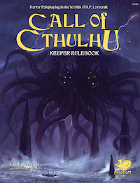 Call of Cthulhu keeper rulebook; horror roleplaying in the worlds of H.P. Lovecraft. Cover art features a large, dark squid-like monster rising from a stormy sea against a purple background.