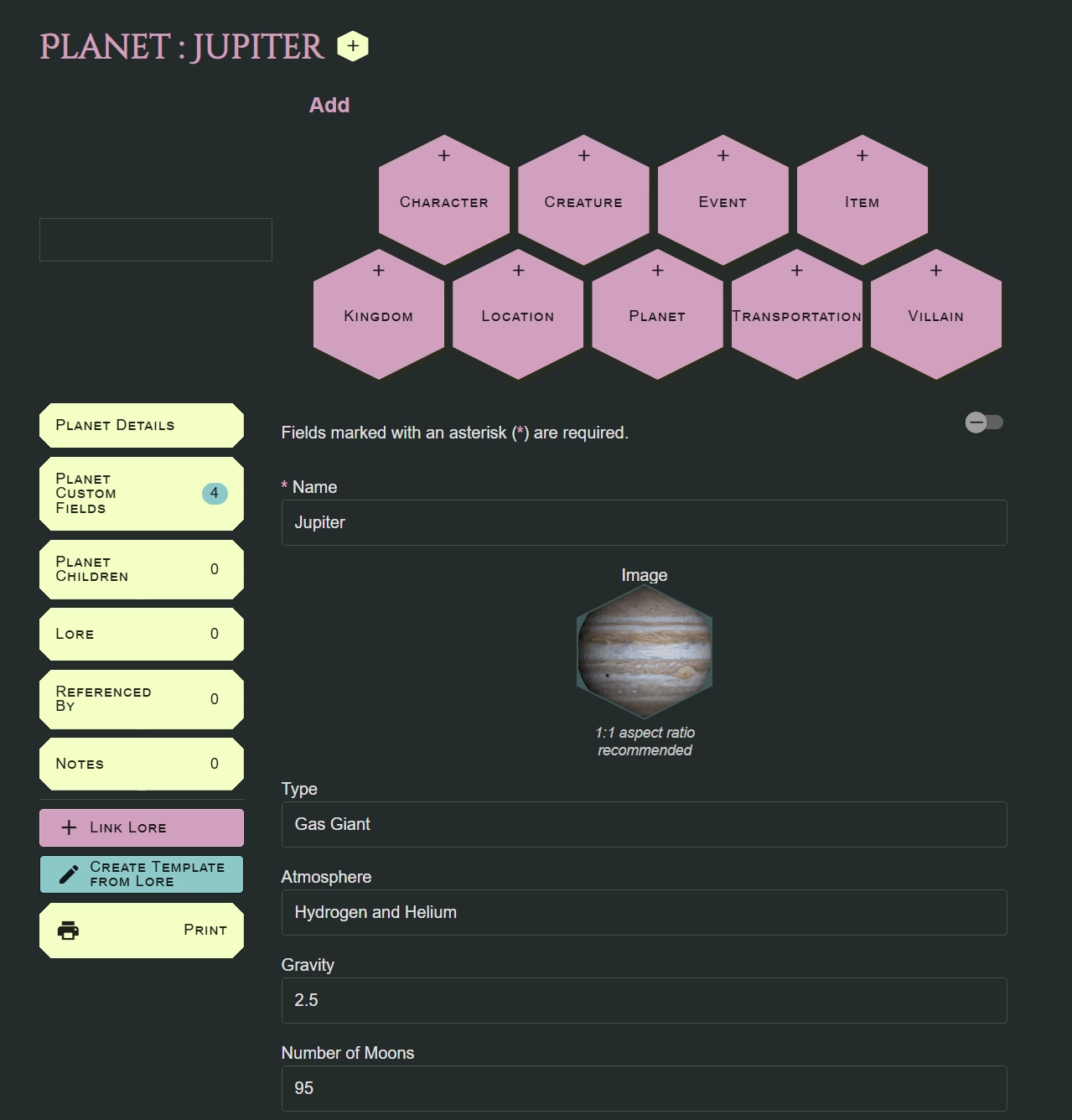 PlanetLayout Mark showing the custom fields created to make information for the planet Jupiter, like atmosphere, gravity, number of moons, and the type of planet.