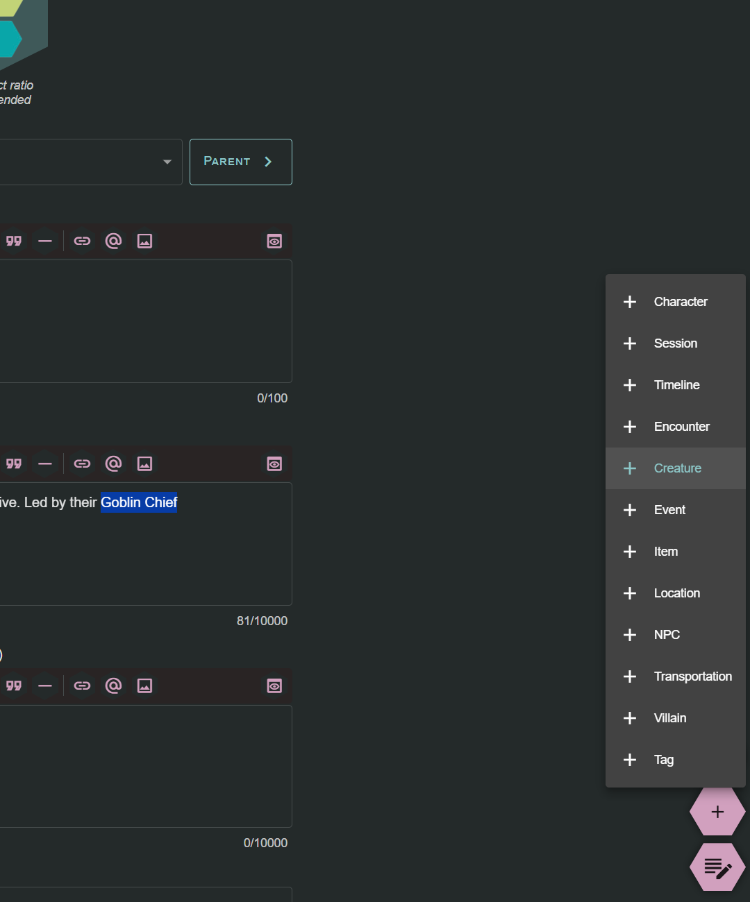 Showcase of the quick create menu popped up from the bottom right corner of the screen. Each lore category is represented, along with Characters, Sessions, Timelines, Encounters, and Tags.