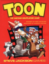 The cover for the Toon Roleplaying Game. It's red, with what looks to be a piece of movie film in the background, filled with cartoon characters with mallets and pies chasing each other.