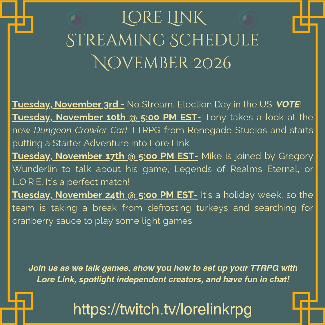 LoreLinkTwitch202611 The Twitch streaming schedule for Lore Link. It's a graphic that's repeating all of the information shown below, mainly existing as a break in all of the text.