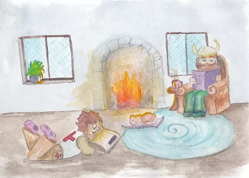 Bobby and Charlie enjoy a cold January night reading books by the fireplace, while a cat naps on a nearby pillow