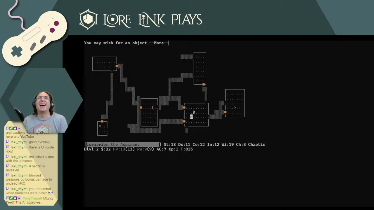 PrideGoethNethack Mark with his head back, reacting to something that happened in the Nethack game on the main screen.