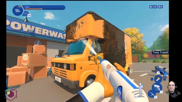 A cap from the Powerwash Simulator 2 stream. It shows Mark's POV while cleaning a yellow box truck.