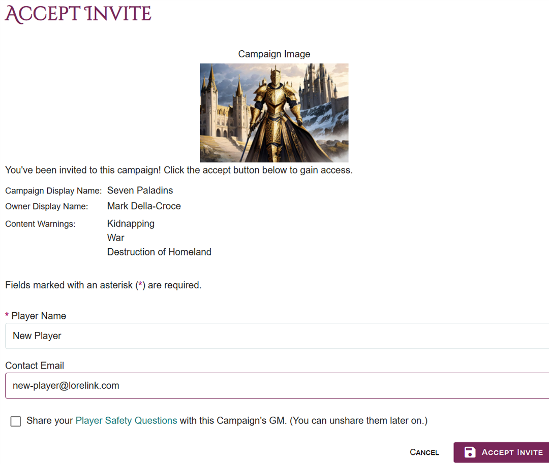 Accept Invite screen showing a player accepting an invitation to a campaign. Shows the name of the campaign and owner, and any content warnings listed by the gamemaster. Available fields include the player name and contact email, and the option to share Player Safety Questions with the gamemaster.