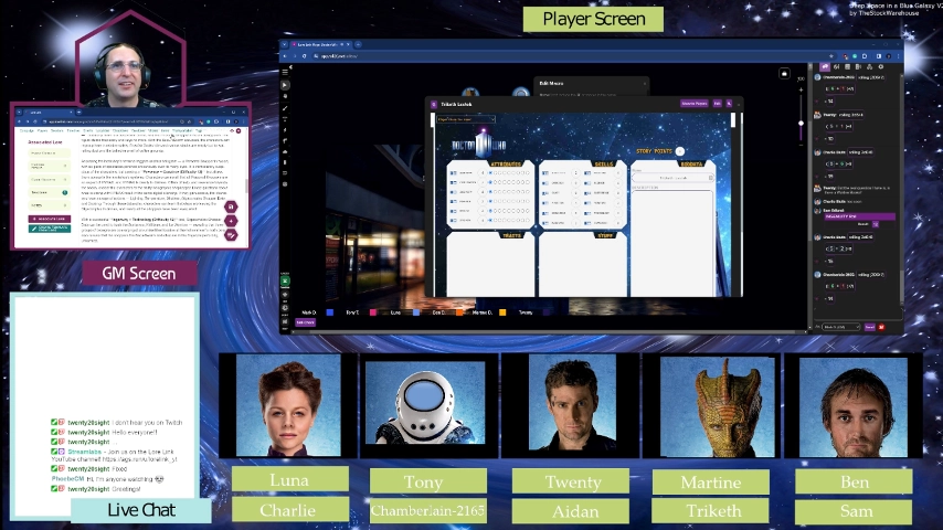 Screen cap of the Twitch screen, with Mark in the upper left with Lore Link open beneath him, the player screen to the right, and the still pictures of the players across the bottom.