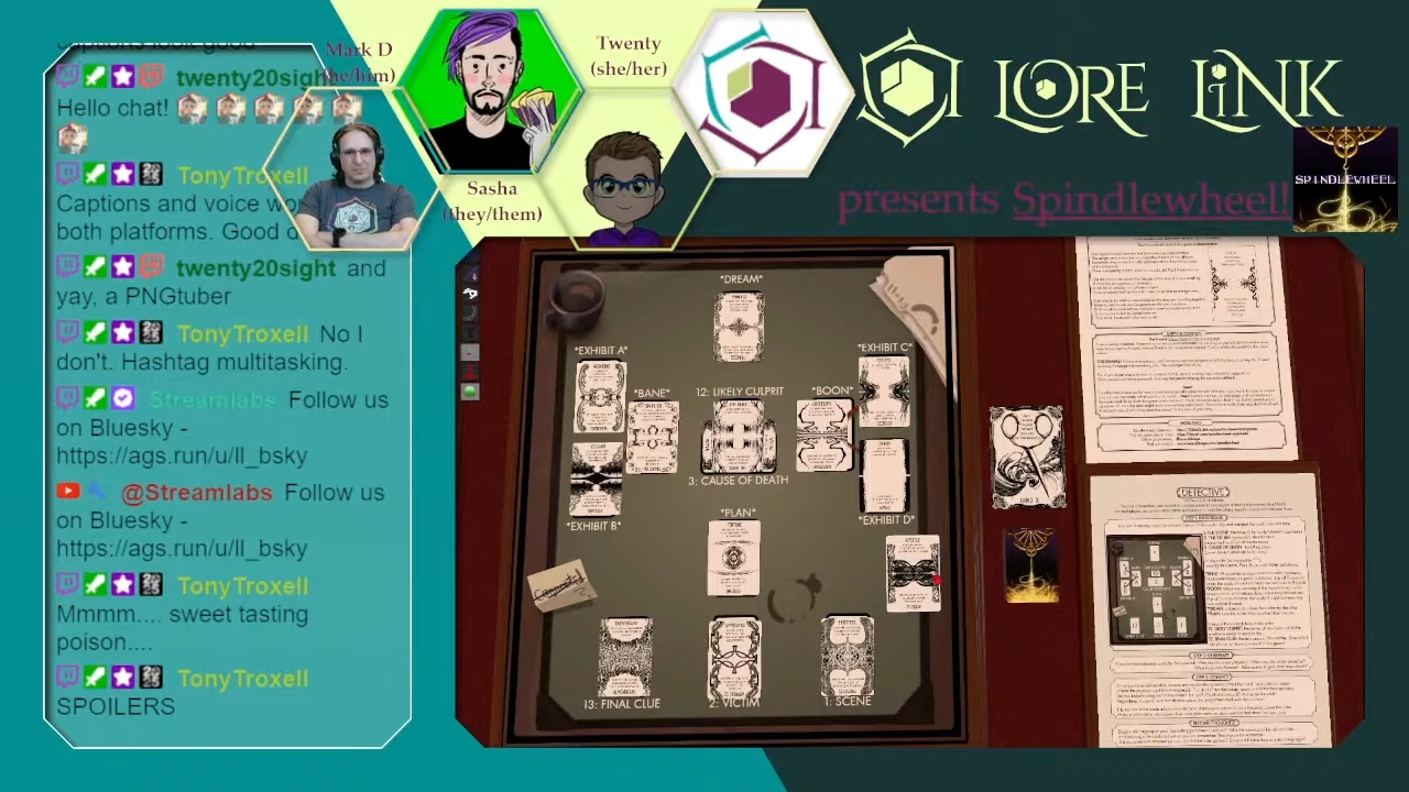 Snip of the actual play stream showing Spindlewheel in the main section of the layout, the chat to the left, and the team playing on top.
