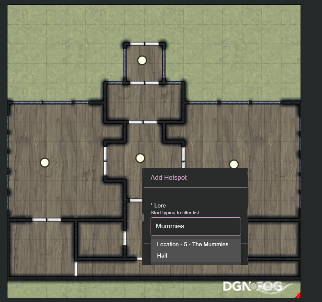 Map of a location showing the hotspot edit view where multiple hotspots have been added to rooms on a map and a new hotspot is being added. The new hotspot is being associated with lore using a filter by name.