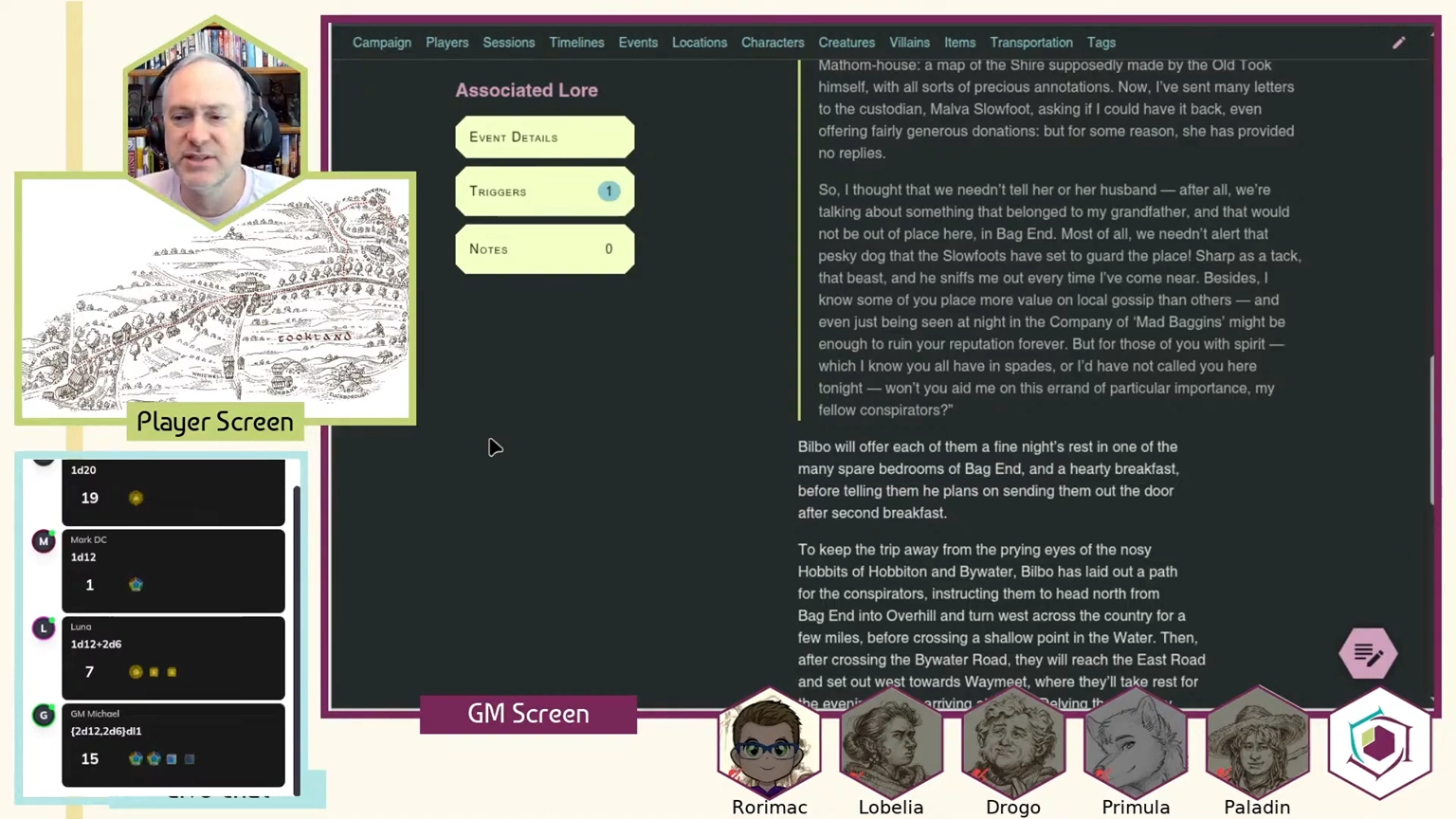 Actual play screen from a Lore Link game. In the top left is Mike, and underneath him is a player screen showing a map of the area the players are in. In the lower right are all of the players, with various hobbit pictures. Showing the largest on the screen is the GM screen, or the Lore Link screen.
