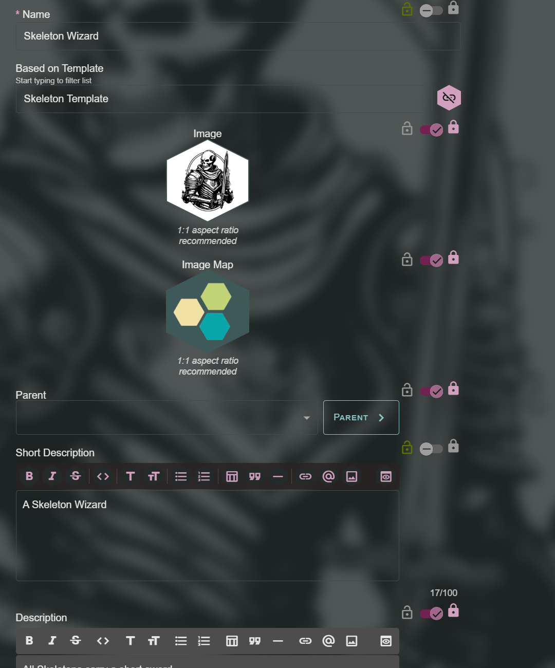 Creation of Lore from a Template showing how some fields are locked to the template while others are unlocked to be customized for this specific lore.