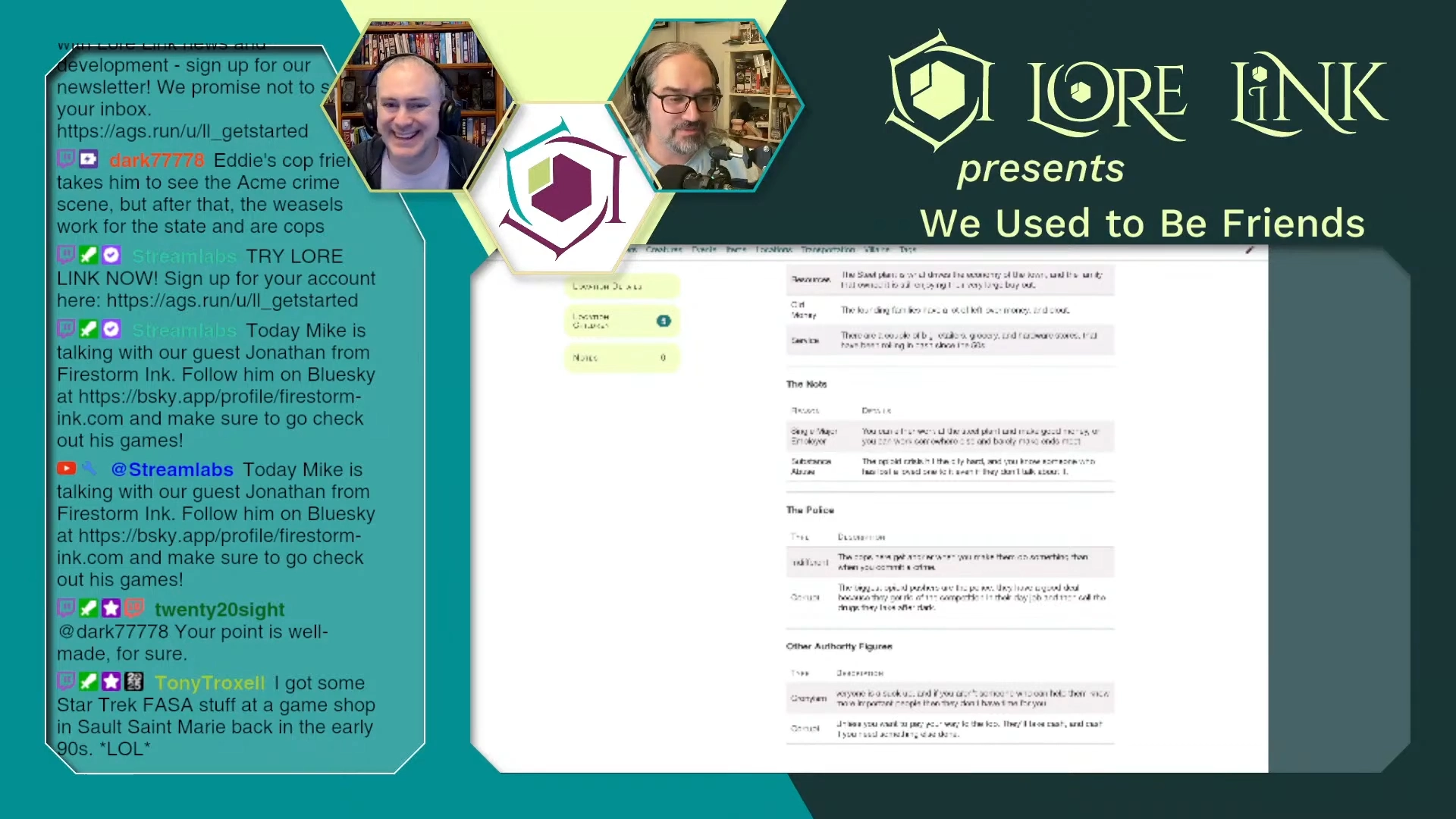 Screen cap from the Lore Link live stream of We Used to be Friends. On the left side is the chat box, with most of the bottom showing Lore Link. Above the Lore Link window are images of Mike and guest Jonathan, next to the title.