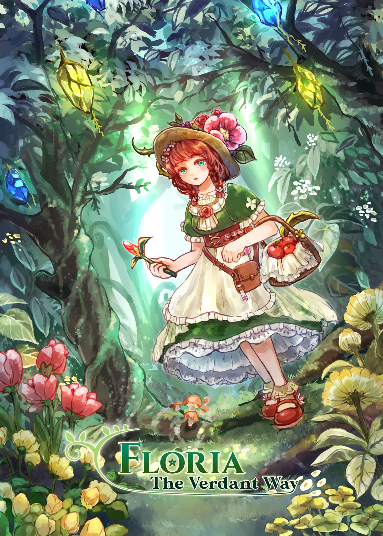 Cover art for Floria: The Verdant Way. It's a lush forest, with an anime-style girl in cottagecore-inspired clothing standing in the middle of it all.