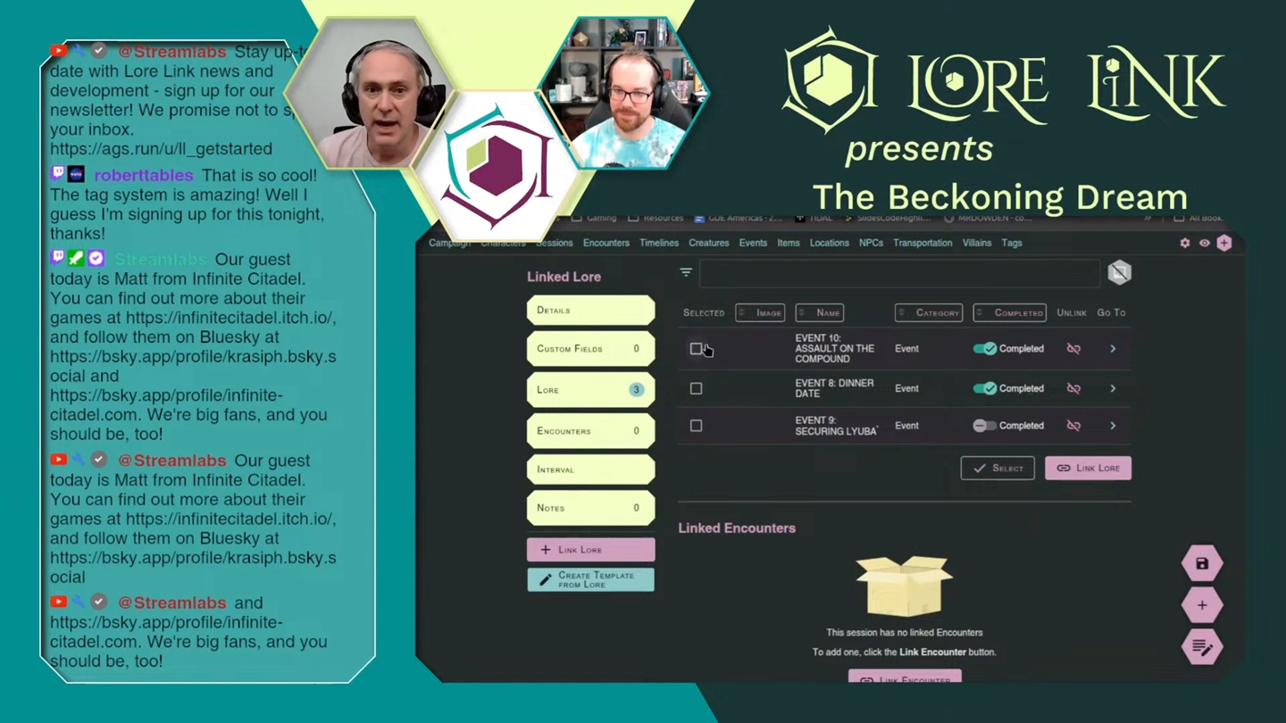 A capture from the Twitch stream for Beckoning Dream. Mike and Matt are shown talking while the main screen shows how to link Lore together.