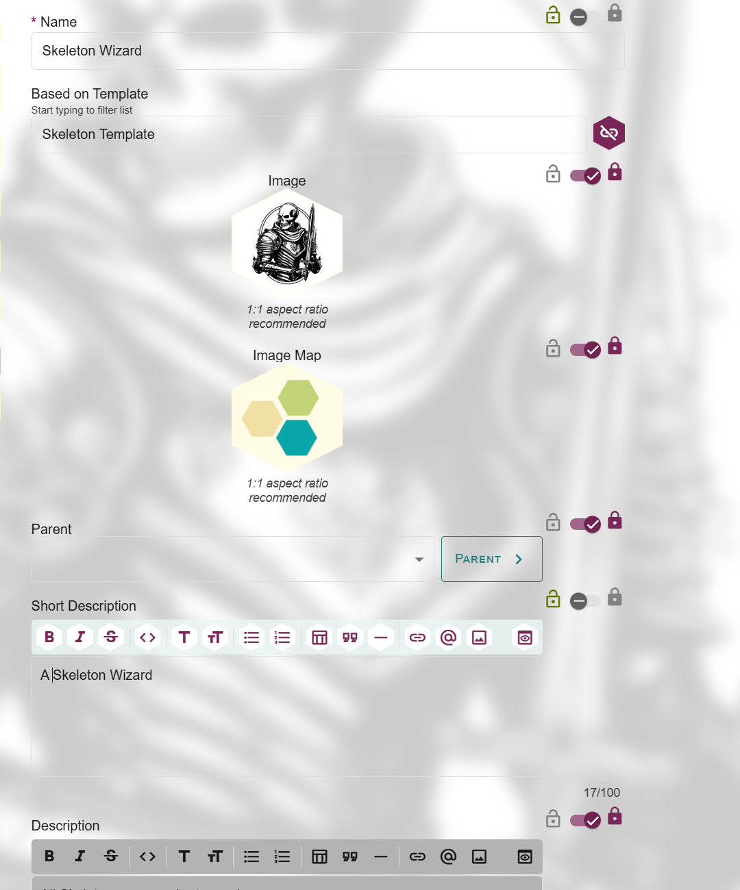 Creation of Lore from a Template showing how some fields are locked to the template while others are unlocked to be customized for this specific lore.