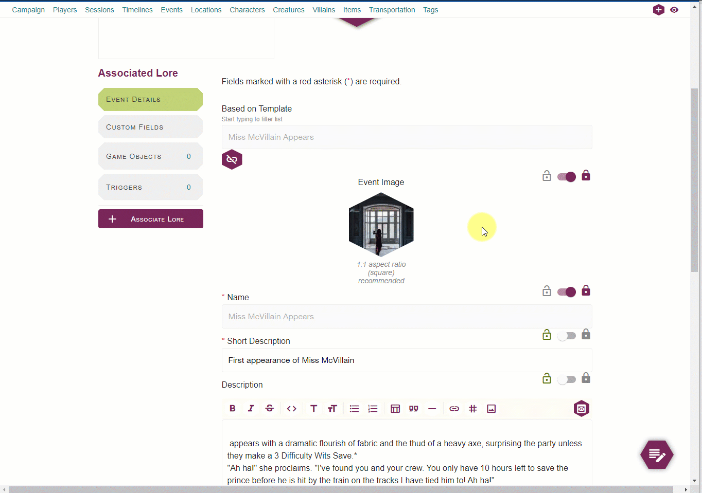 Quick Create a Villain Animated gif going through the process of creating a new game object using the villain template.