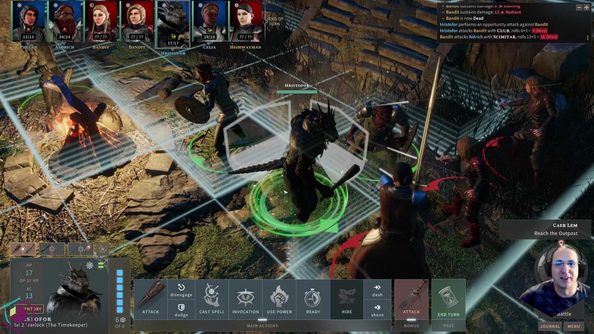 Image of Mark D.C. playing the game Solasta: Crown of the Magister. Several bandits are facing down the player's party.