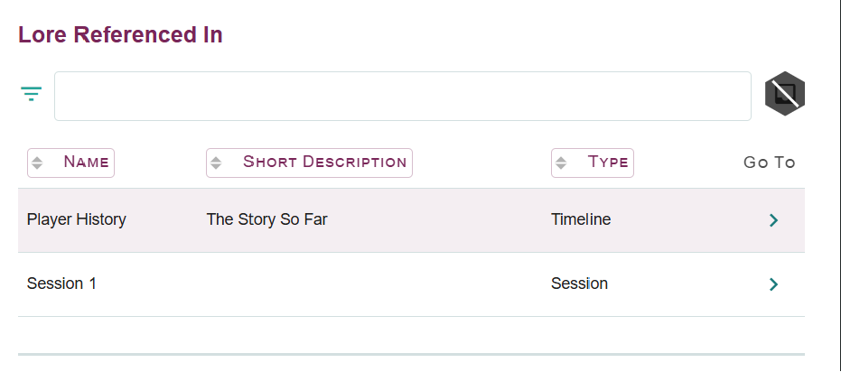 A screenshot of the Lore Link Application is shown. It shows a list with the title Lore Referenced In. The list has four columns, labelled Name, Short Description, Type, and Go To. One of the items listed is of Type Timeline the other is listed as type Session