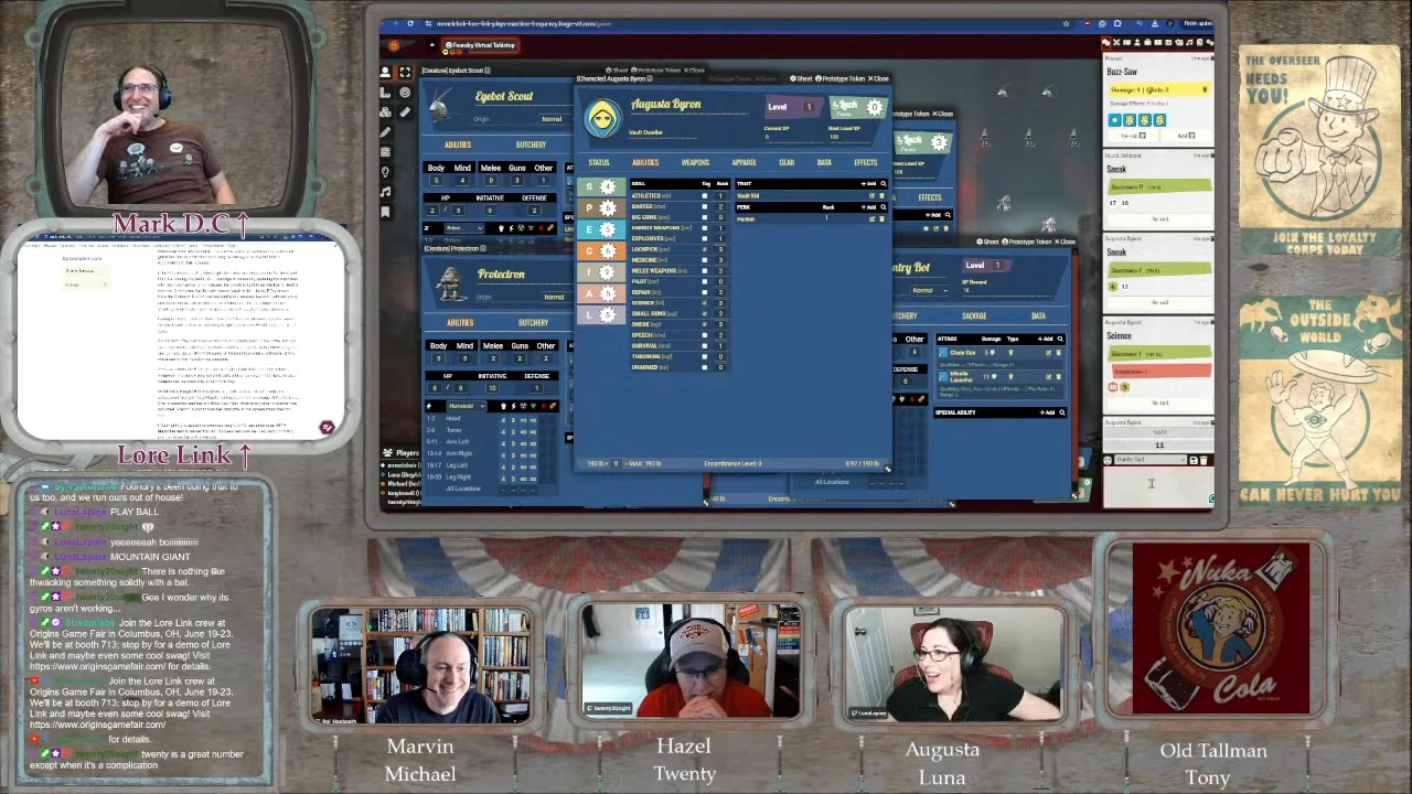 The Fallout RPG live-stream screen cap. Mark is in the upper left, laughing, while Michael, Twenty, Luna, And Tony are across the bottom of the screen, all laughing as well.