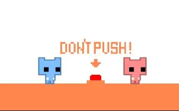 Two pixel video game characters stand on opposite sides of a button that is labelled "Don't Push"