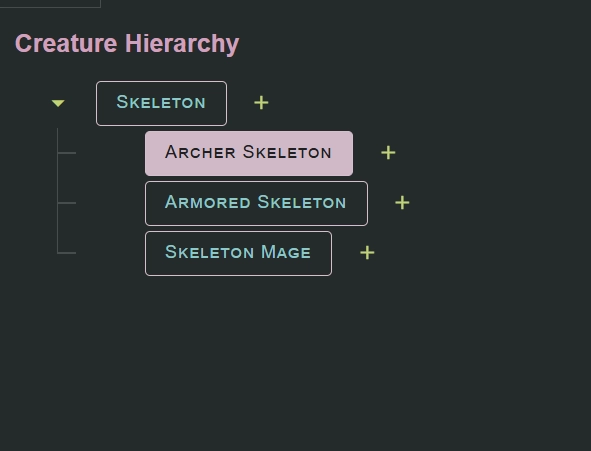 A section of a Lore Link screen showing a Creature Hierarchy. Skeleton is on top, and a drop down gives options for Archer Skeleton, Armored Skeleton, and Skeleton Mage.