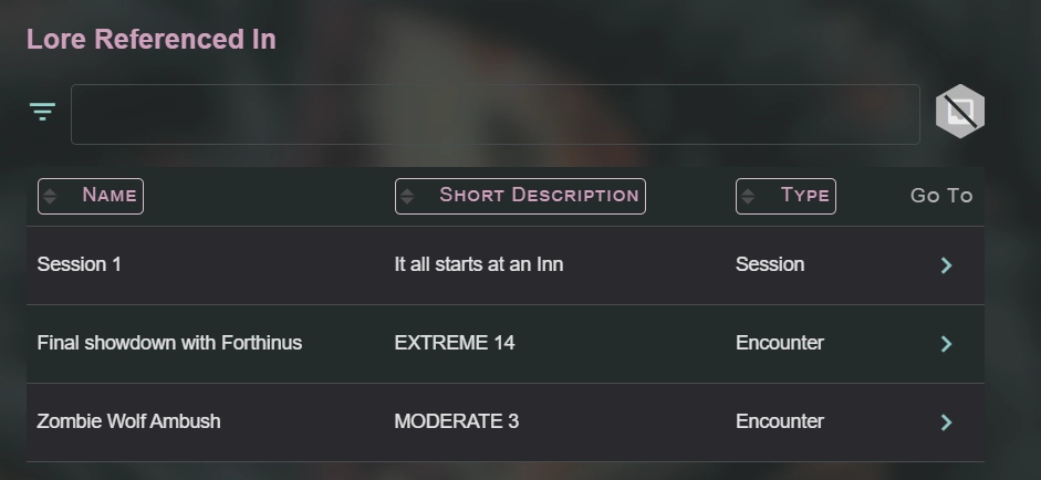 A snip showing the "Lore Referenced In" section, showing that the lore is referenced in Session 1, Final showdown with Forthinus, and Zombie Wolf Ambush.