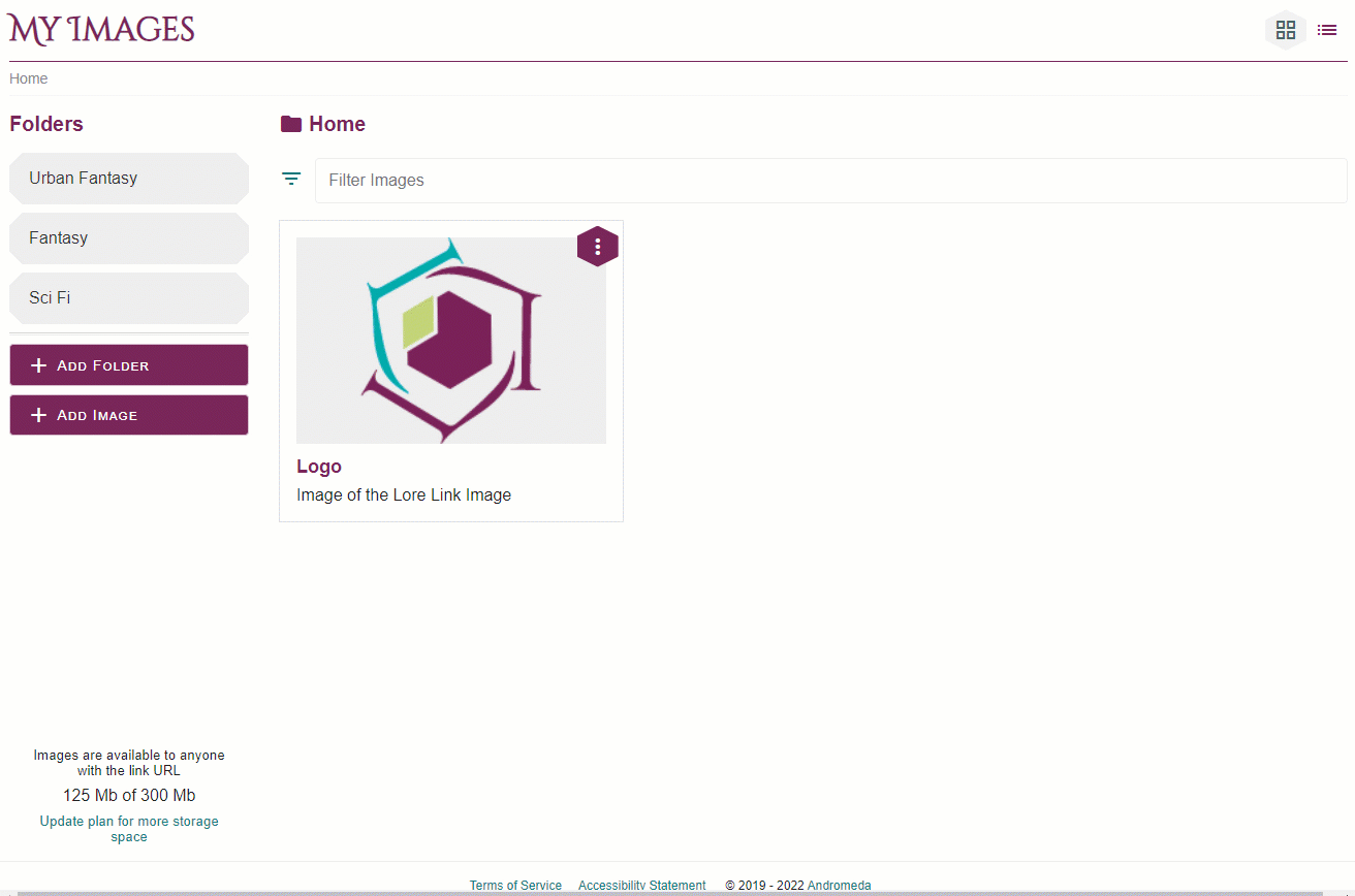 Image Library An animaged GIF showing how to access different folders in the Image Library, and how to filter.