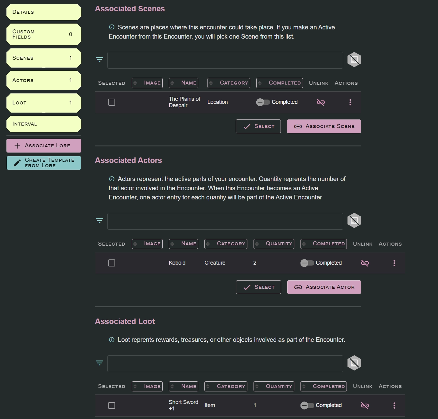 A page showing how you can set up Encounters. It allows the user to associate scenes, characters, and loot.