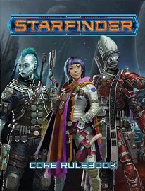 Starfinder core rulebook featuring a cast of fantastic futuristic characters against a starry background