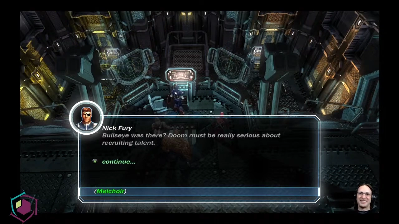 Capture from Marvel Ultimate Alliance, showing a control room and a message from Nick Fury covering everything, stating "Bullseye was there? Doom must be really serious about recruiting talent."