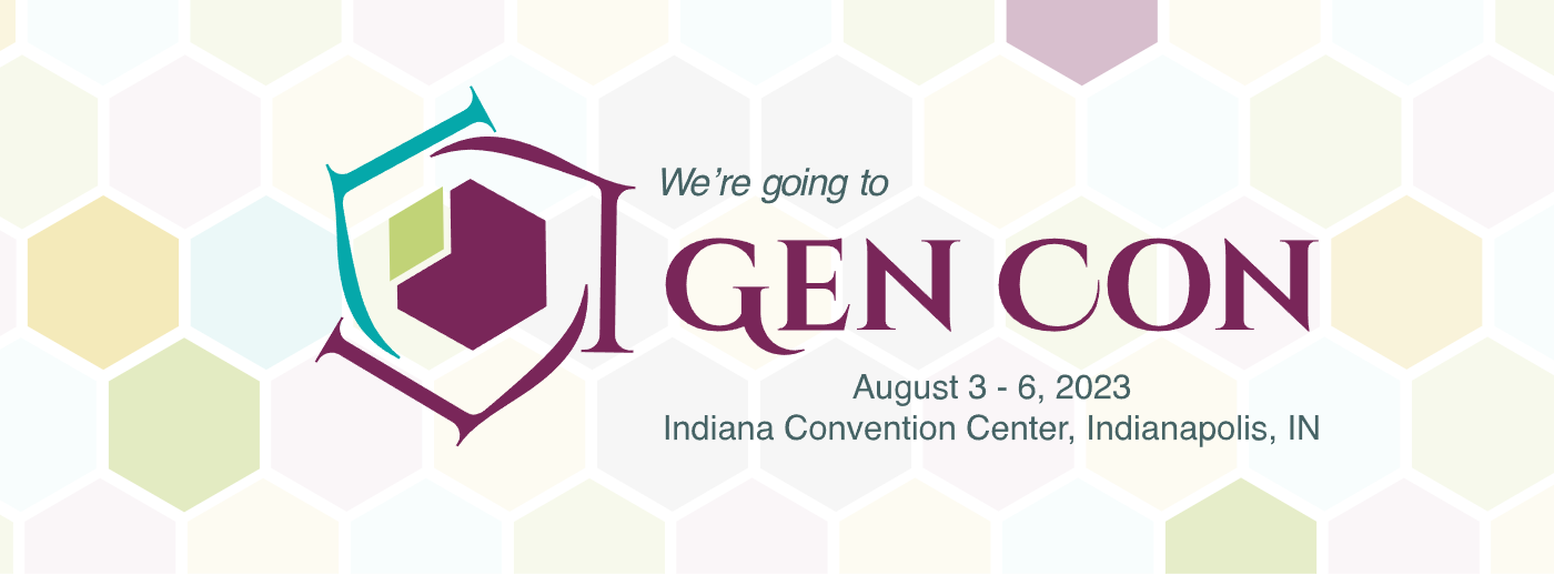 Banner with hex background, with Lore Link logo, stating "We're going to Gen Con, August 3-6, 2023, Indiana Convention Center, Indianapolis, IN"