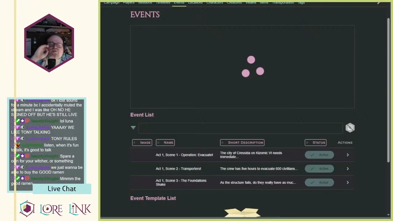 A screen capture of a Lore Link game planning session. In the upper left is Tony, gesturing towards the camera with his hand. Underneath is a chat box talking about the "Good ramen" and the rest of the screen has a Lore Link Events page on it, showing the different acts for the Star Trek game Tony is working on as different events.