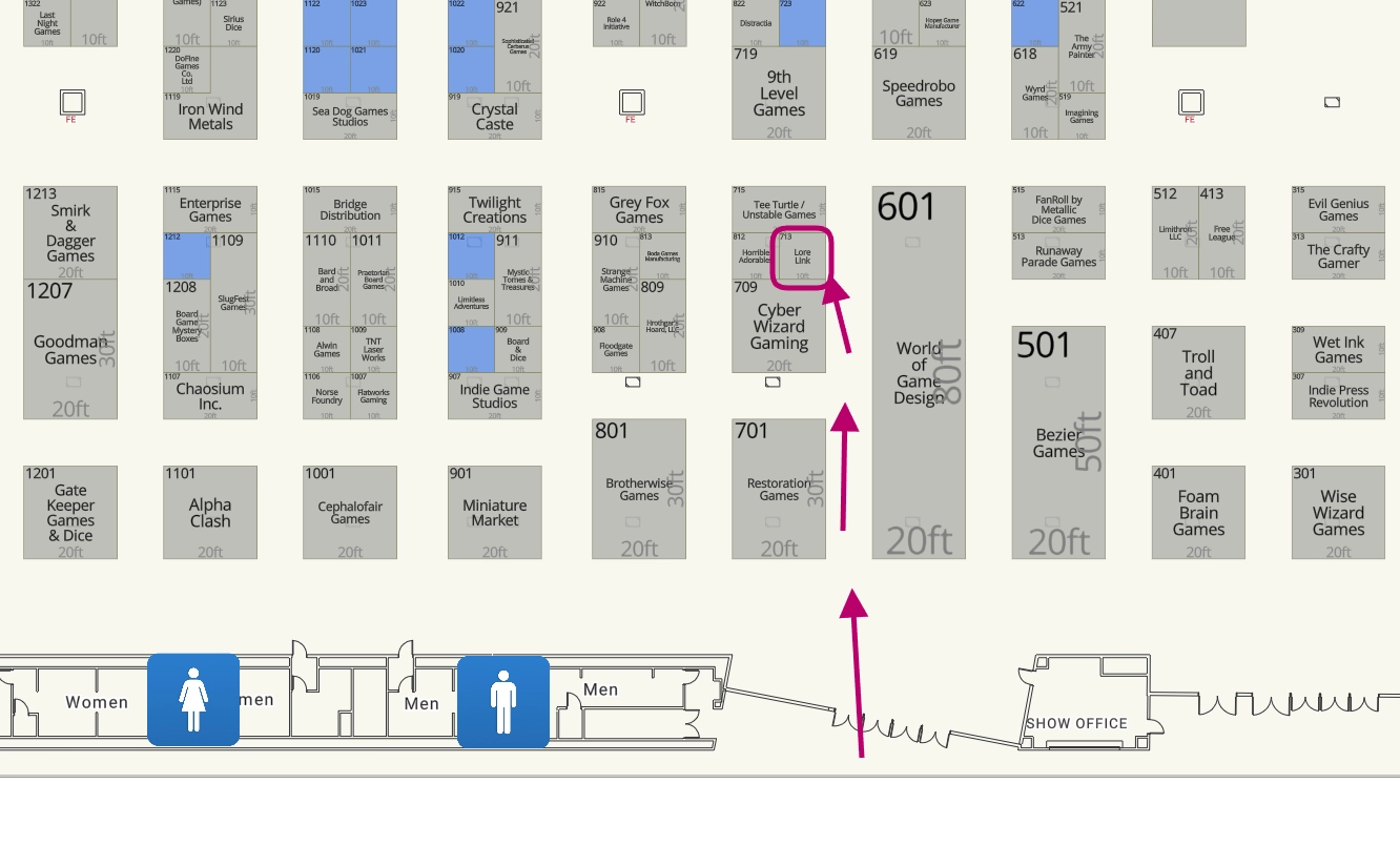 A map of the Origin's Game Fair vendor hall, with arrows pointing from an entrance to the Lore Link table.