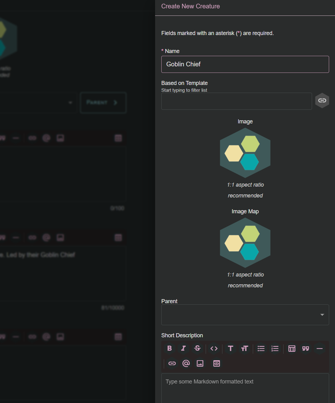 Quick Create dialog showing the creation of a new Creature category of Lore with options to add name, image, map, short description, and to select a parent Creature to create a hierarchy.