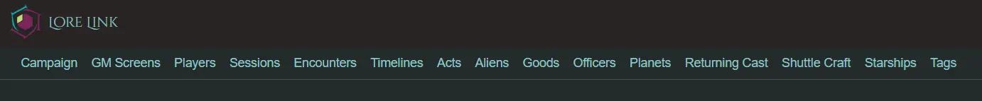 Snip of the top of the Lore Link campaign page, showing custom categories created for a Sci-fi-themed game. Categories like Aliens, Planets, Shuttle Craft, and Starships.