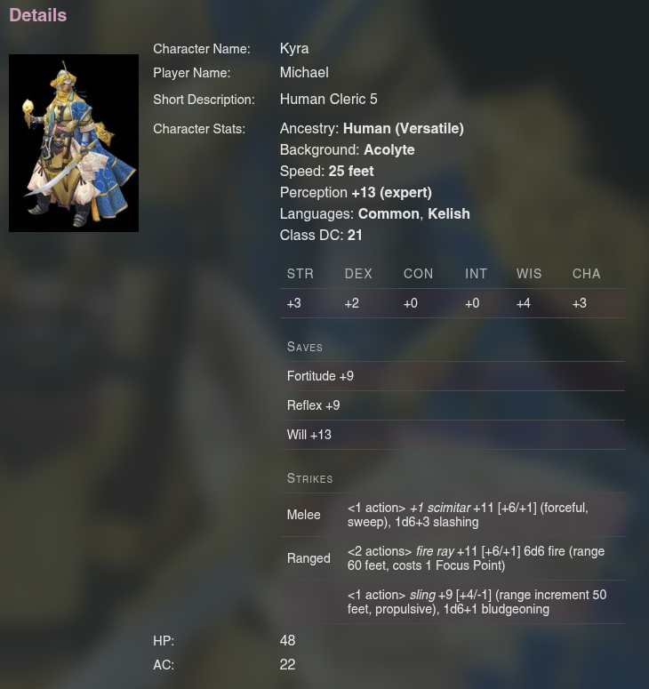 Character record showing their name, stats, attributes, saves, and strikes using formatted text including tables.