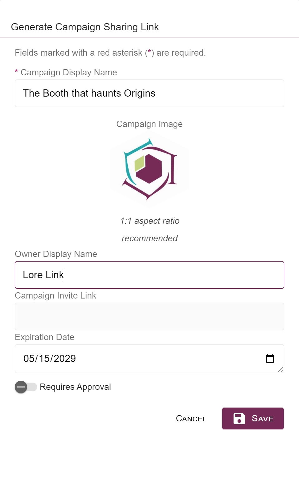Snippet of the Generate Campaign Sharing Link function, showing the campaign image, display name, the owner name, and the expiration date.