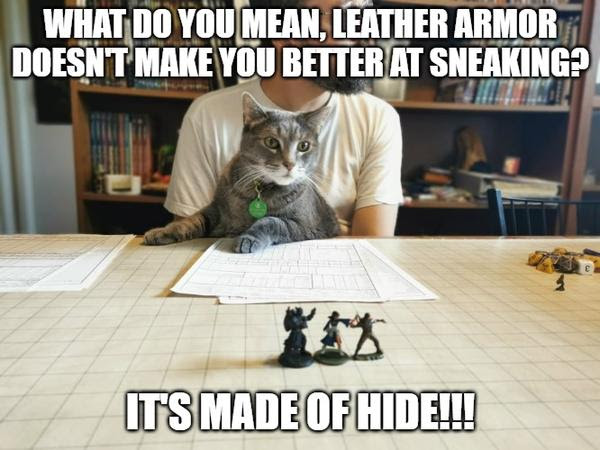 An image of a cat sitting on a players lap at during at Tabletop RPG session. The top text reads What do you mean leather armor doesn't make you better at sneaking? The bottom text reads It is made of hide!