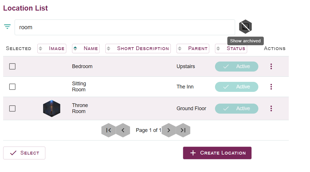 Location List showing the tabular view where each column  (name, short description, status, etc) can be sorted, and full text can be searched by typing. In this example the locations have been filtered by the word room.