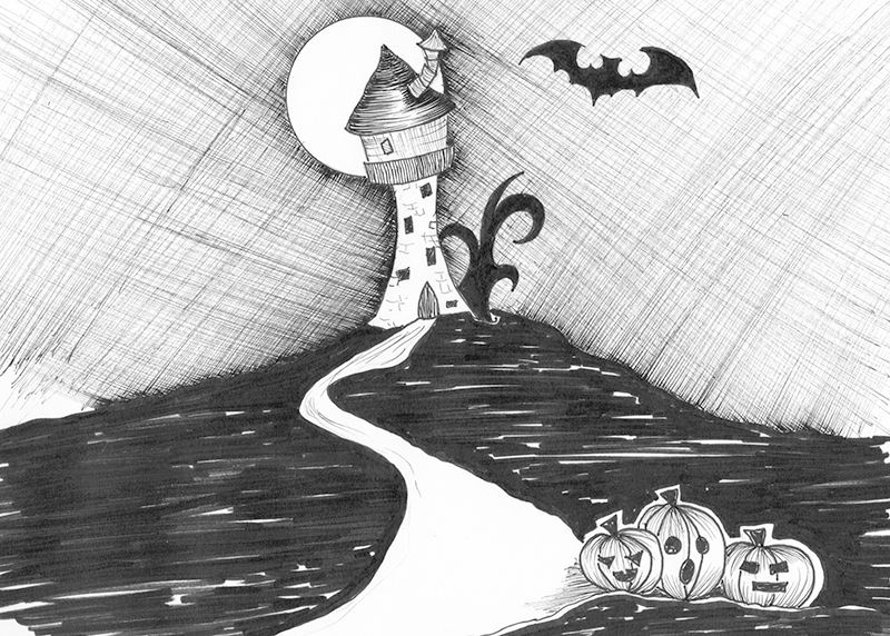 A black and white comic of a path with three jack-o-lanterns leading up to a wizard's tower. A bat flies from the tower
