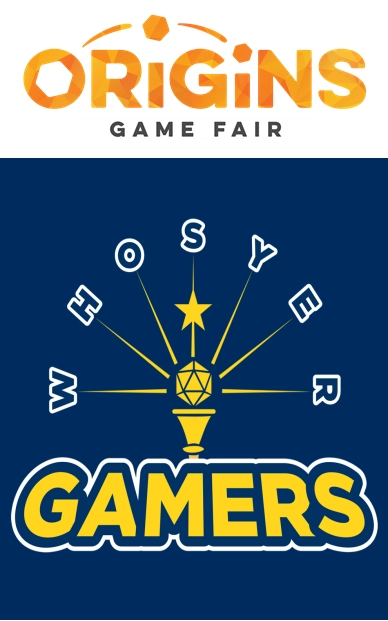 Logos for Origins Game Fair and Whosyer Gamers, the people who run Whos Yer Con.