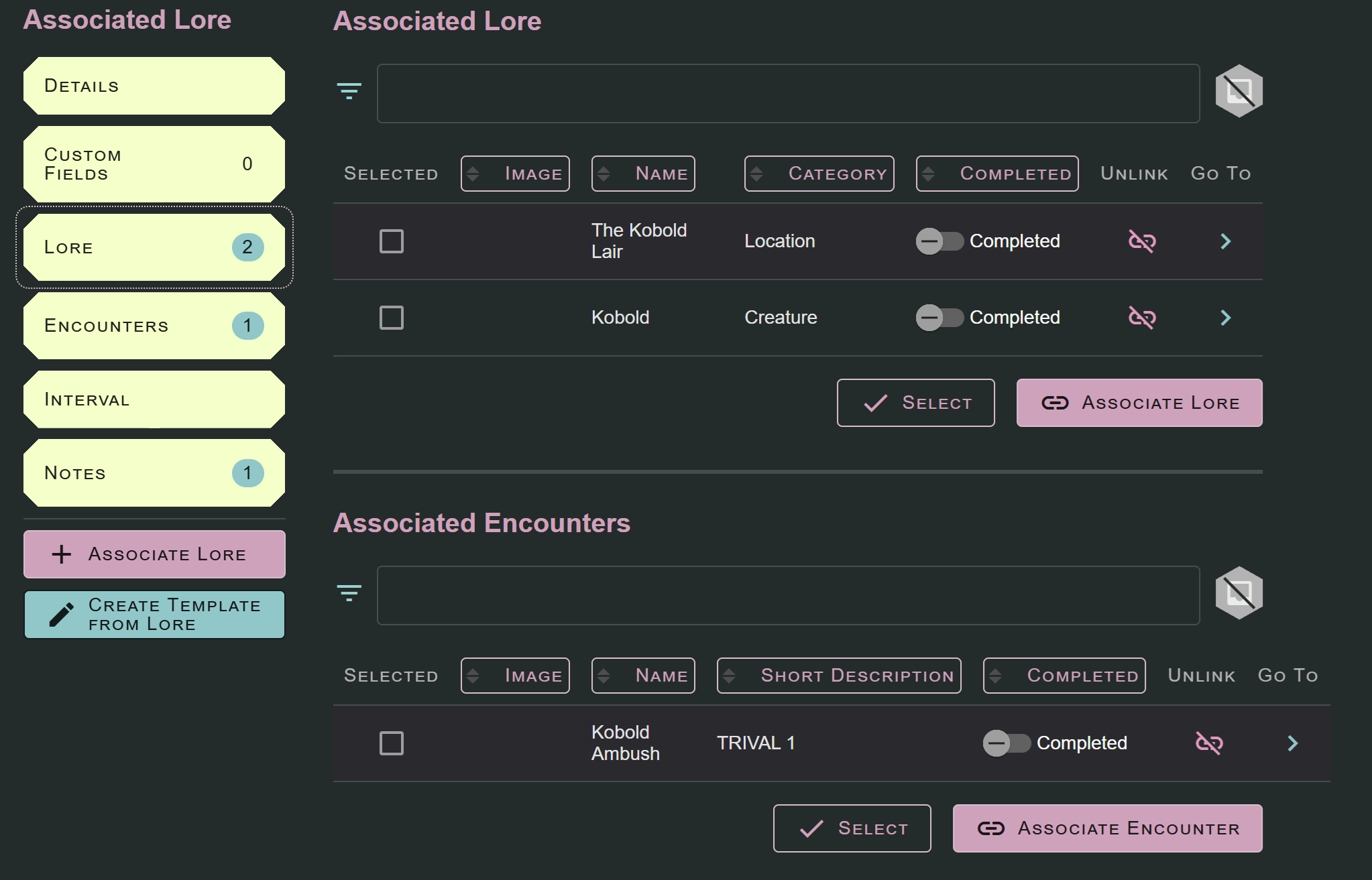 A snip of Lore Link, showing how you're able to associate Lore and Encounters.