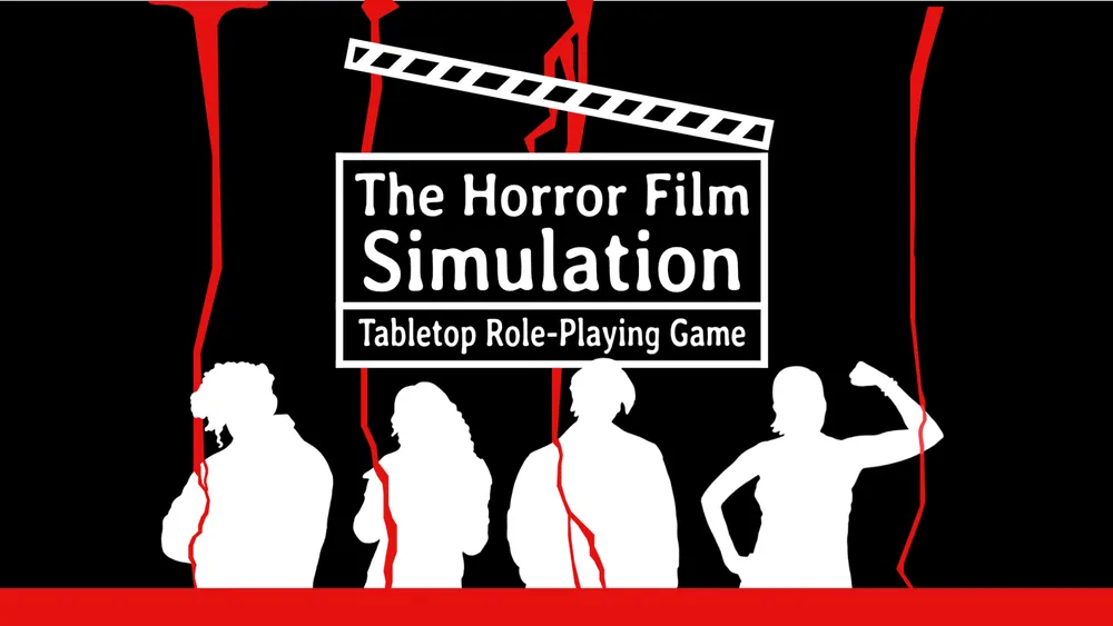 Logo for Reel Fear. It has white silhouettes on a black background, with red drips going down in front of them. There is a clapboard that says "The Horror Film Simulation Tabletop Role-Playing Game" above the characters. 