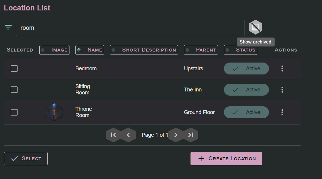 Location List showing the tabular view where each column  (name, short description, status, etc) can be sorted, and full text can be searched by typing. In this example the locations have been filtered by the word room.