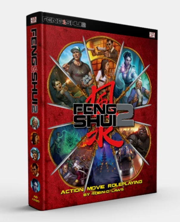 Cover of the Feng Shui 2 core rulebook. It's a red cover, with various images of action movie archtypes in wedges around the title.