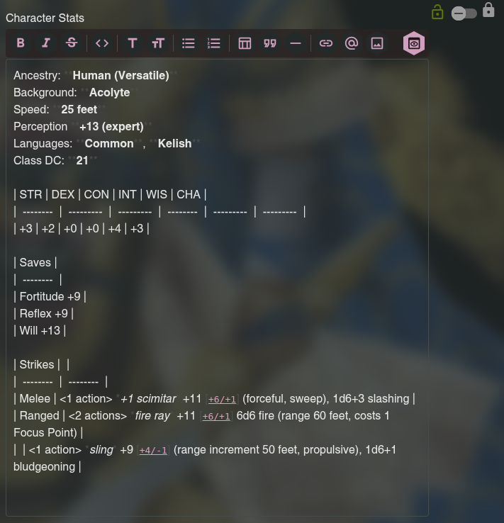 Screenshot of editing Character Stats utilizing attribution, bold and italicized text, and tabular data